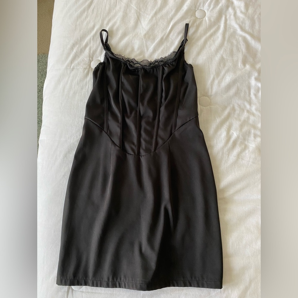 Pretty Little Thing Black Woven Corset Lace Trim Strappy Bodycon Dress